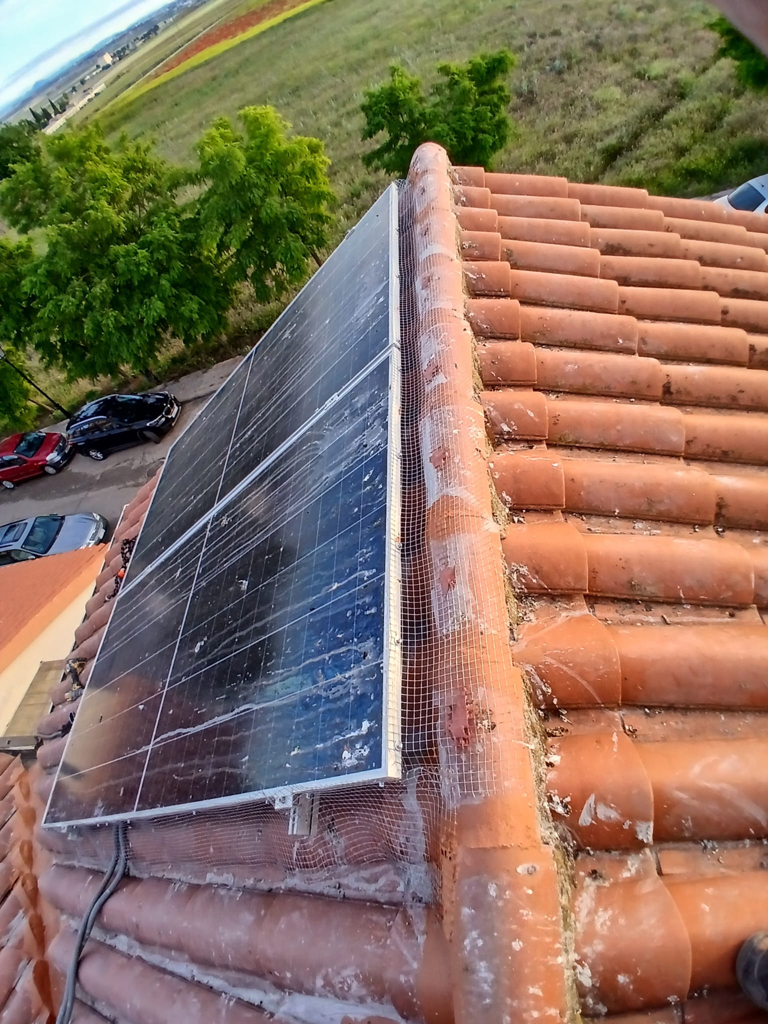 Malla antipájaros instalada sobre panel solar